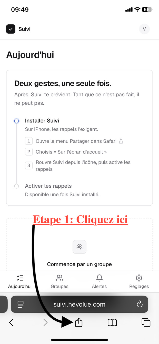 Le bouton Partager de Safari, en bas de l'écran