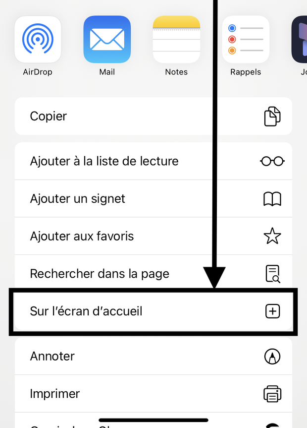 L'entrée « Sur l'écran d'accueil » dans la liste