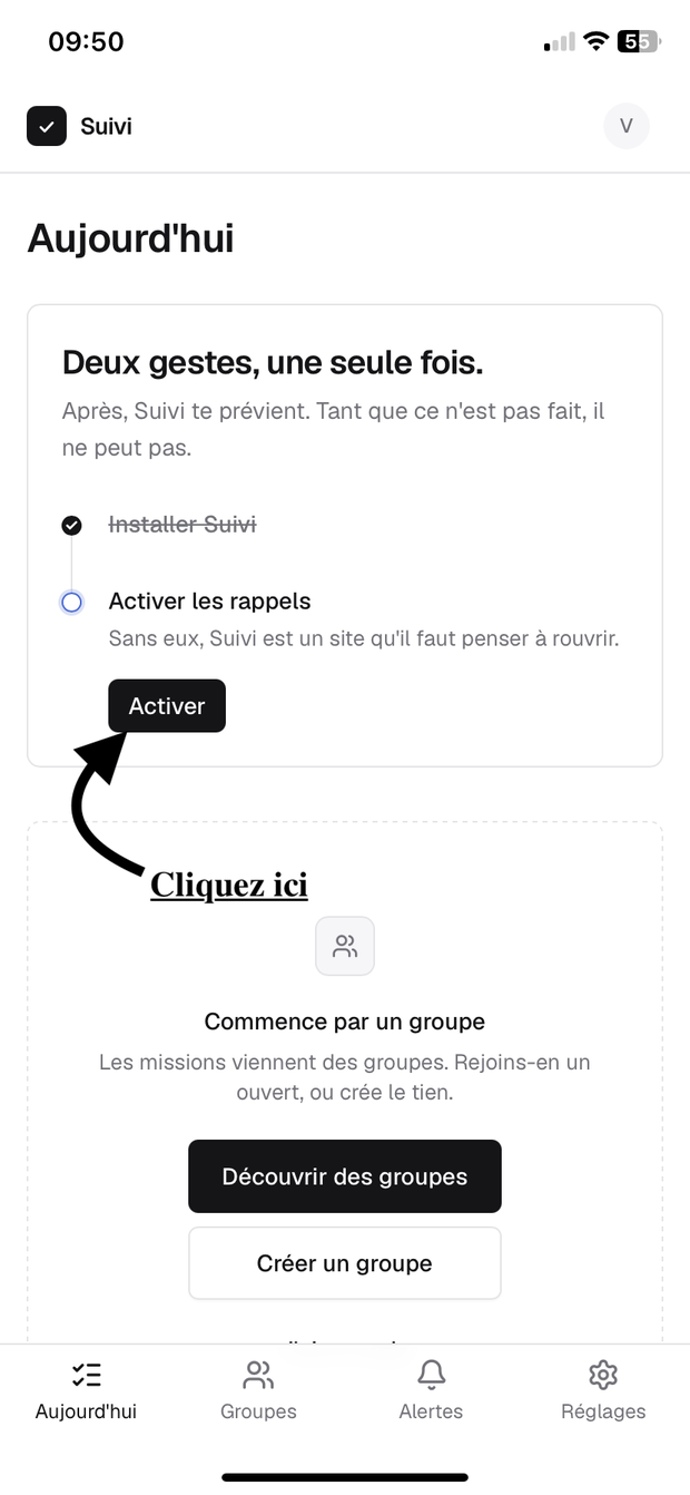 La mise en route avec le bouton Activer